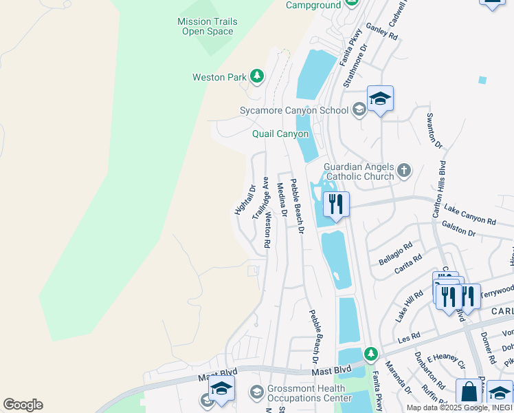 map of restaurants, bars, coffee shops, grocery stores, and more near 8894 Trailridge Avenue in Santee