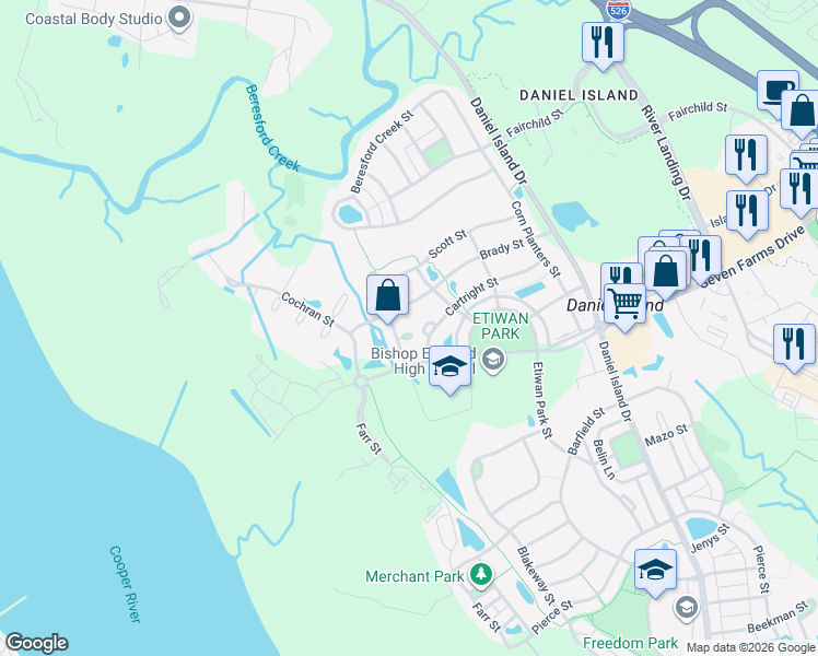 map of restaurants, bars, coffee shops, grocery stores, and more near 181 Brady Street in Charleston