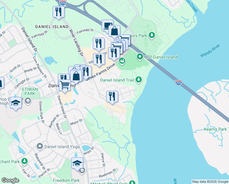 map of restaurants, bars, coffee shops, grocery stores, and more near 130 River Landing Drive in Charleston