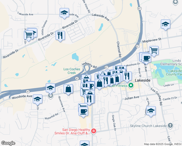 map of restaurants, bars, coffee shops, grocery stores, and more near California 67 in Lakeside