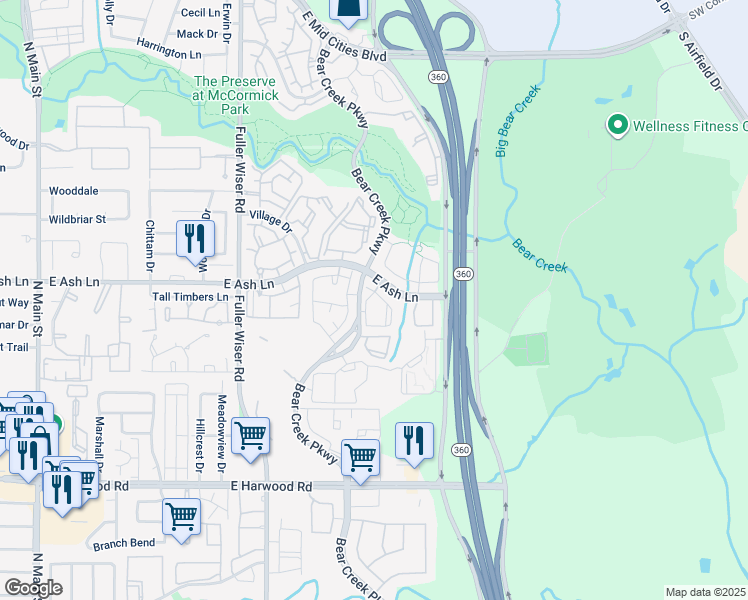 map of restaurants, bars, coffee shops, grocery stores, and more near 1000 East Ash Lane in Euless
