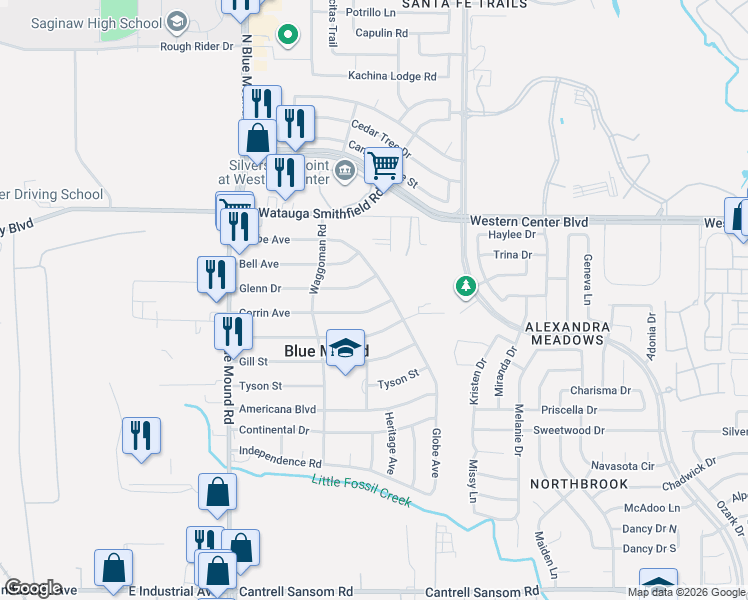 map of restaurants, bars, coffee shops, grocery stores, and more near 405 Globe Avenue in Blue Mound