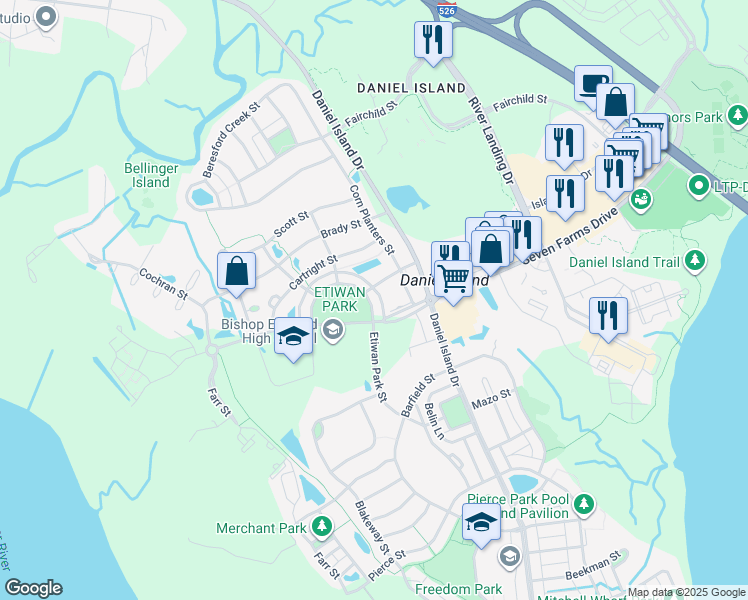 map of restaurants, bars, coffee shops, grocery stores, and more near 116 Etiwan Park Street in Charleston