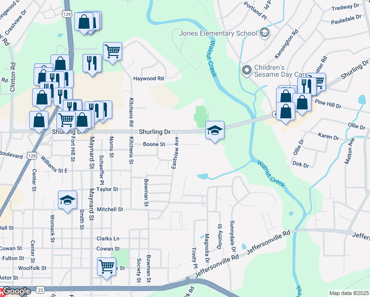 map of restaurants, bars, coffee shops, grocery stores, and more near 1235 Boone Street in Macon