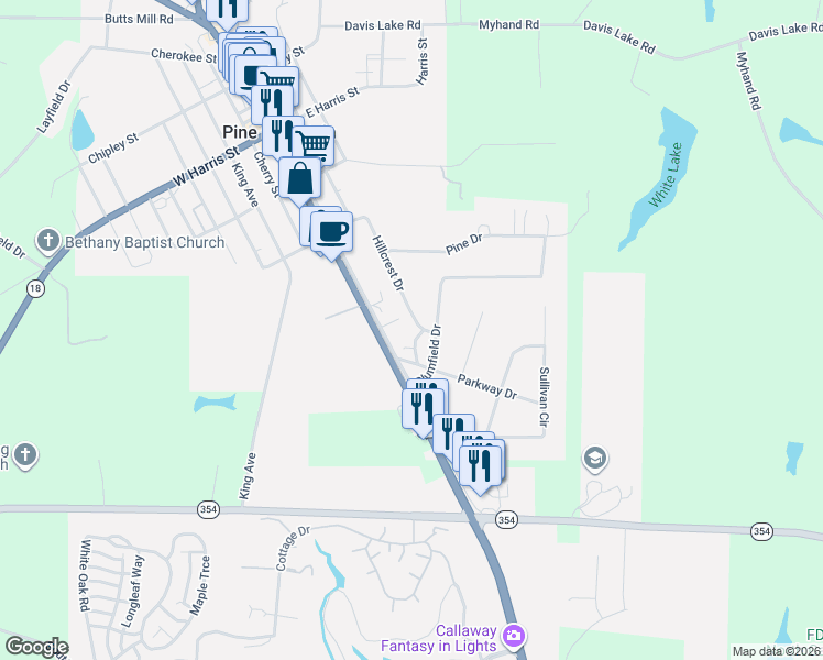 map of restaurants, bars, coffee shops, grocery stores, and more near 340 Hillcrest Drive in Pine Mountain