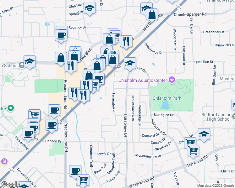 map of restaurants, bars, coffee shops, grocery stores, and more near 617 Stonehenge Drive in Hurst