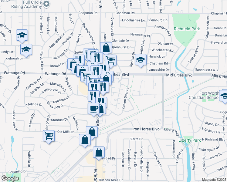 map of restaurants, bars, coffee shops, grocery stores, and more near 6250 Rosewood Drive in North Richland Hills