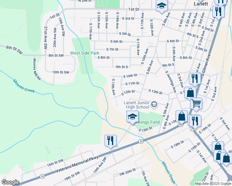 map of restaurants, bars, coffee shops, grocery stores, and more near 1015 South 13th Avenue in Lanett