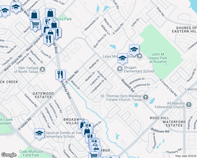 map of restaurants, bars, coffee shops, grocery stores, and more near 806 Laguna Drive in Garland