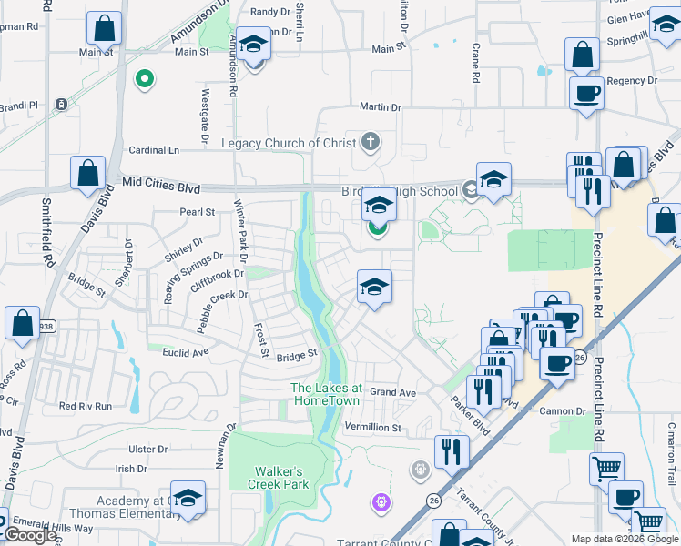 map of restaurants, bars, coffee shops, grocery stores, and more near 8734 Mangham Street in North Richland Hills