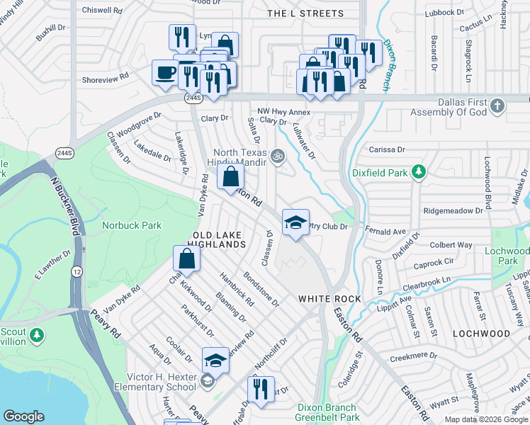 map of restaurants, bars, coffee shops, grocery stores, and more near 414 Easton Road in Dallas