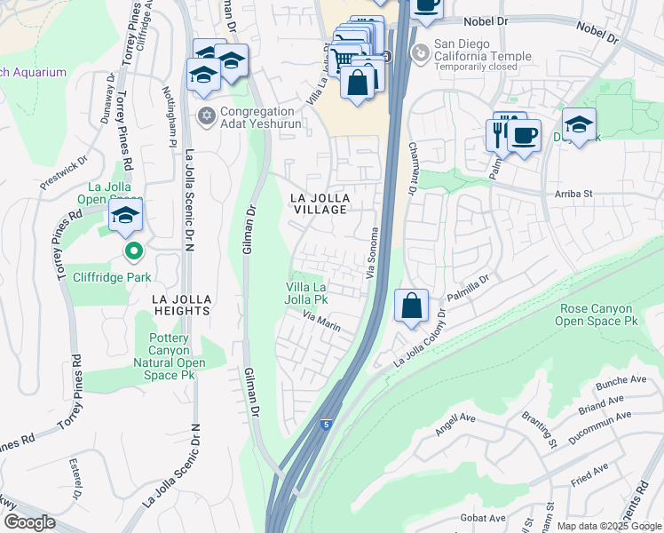 map of restaurants, bars, coffee shops, grocery stores, and more near 3294 Caminito Eastbluff in San Diego