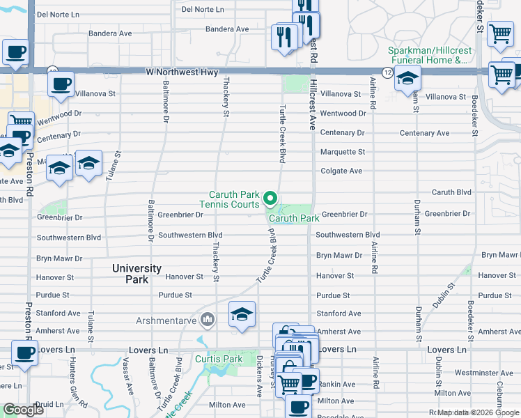 map of restaurants, bars, coffee shops, grocery stores, and more near 3509 Caruth Boulevard in Dallas