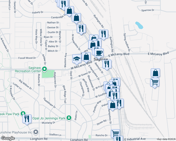 map of restaurants, bars, coffee shops, grocery stores, and more near 211 West McLeroy Boulevard in Saginaw