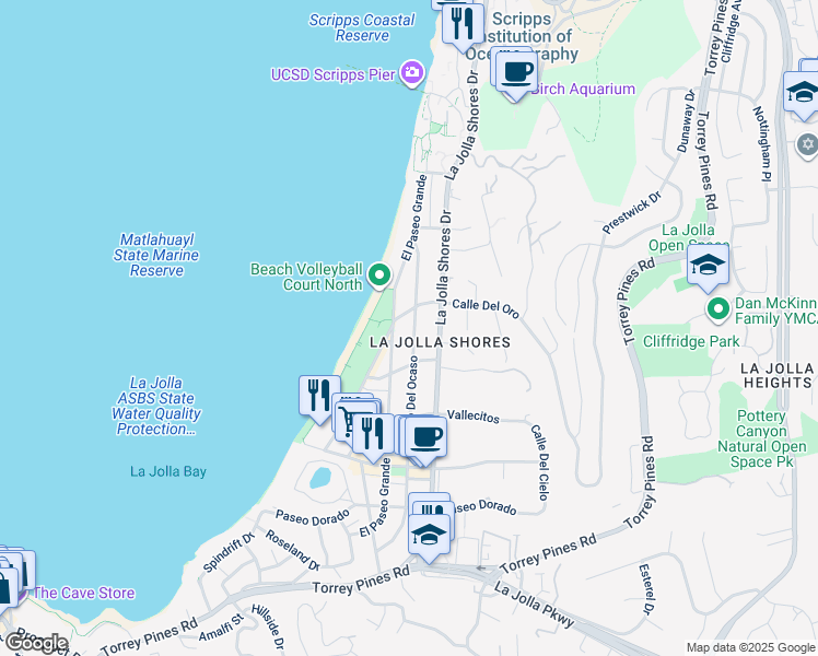 map of restaurants, bars, coffee shops, grocery stores, and more near 8405 El Paseo Grande in San Diego