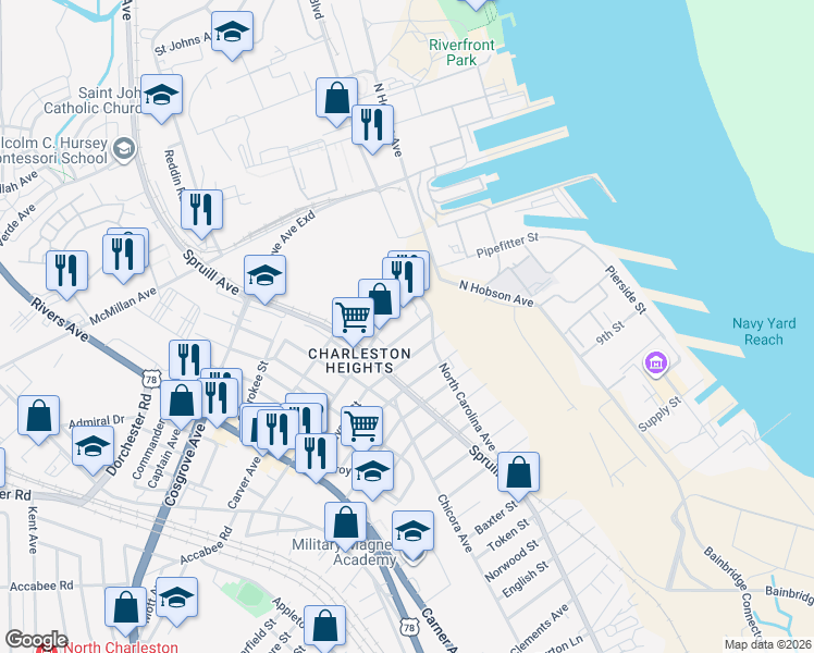 map of restaurants, bars, coffee shops, grocery stores, and more near 1820 Reynolds Avenue in North Charleston
