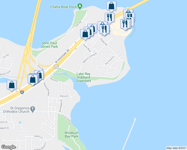 map of restaurants, bars, coffee shops, grocery stores, and more near 5730 Marvin Loving Drive in Garland