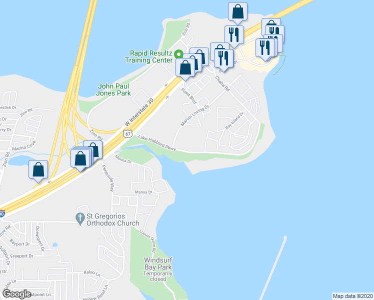map of restaurants, bars, coffee shops, grocery stores, and more near 5730 Marvin Loving Drive in Garland