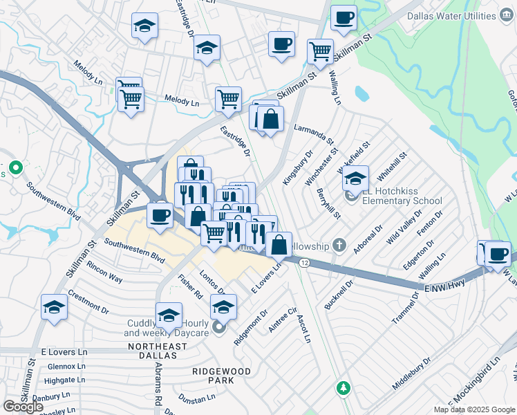 map of restaurants, bars, coffee shops, grocery stores, and more near in Dallas