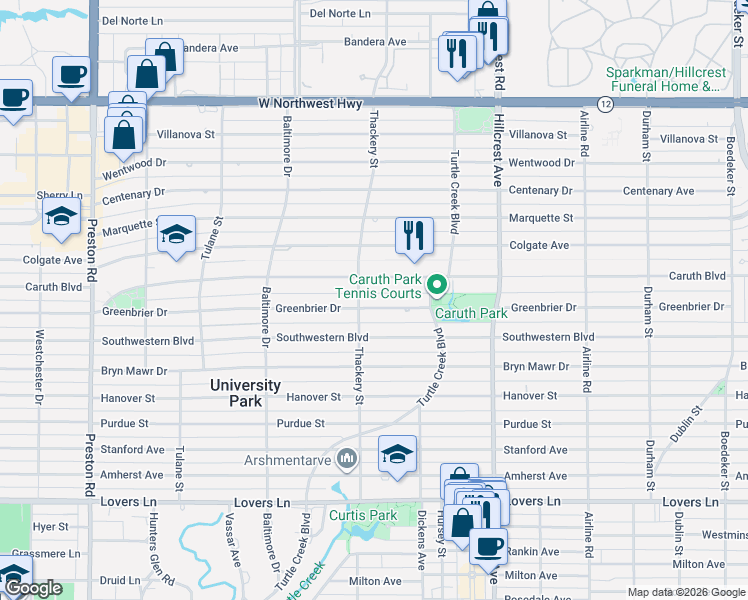 map of restaurants, bars, coffee shops, grocery stores, and more near 3537 Caruth Boulevard in Dallas