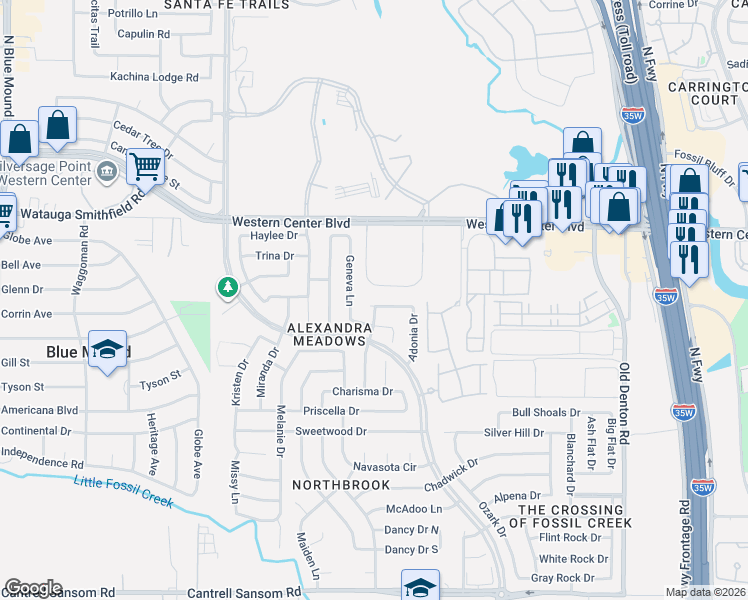 map of restaurants, bars, coffee shops, grocery stores, and more near 6417 Claire Drive in Fort Worth