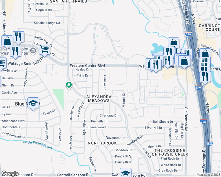 map of restaurants, bars, coffee shops, grocery stores, and more near 6412 Geneva Lane in Fort Worth