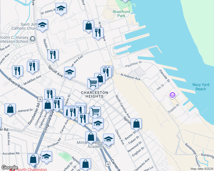 map of restaurants, bars, coffee shops, grocery stores, and more near 1820 Reynolds Avenue in North Charleston