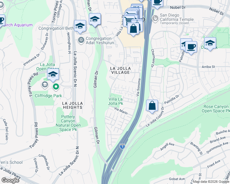 map of restaurants, bars, coffee shops, grocery stores, and more near 3230 Caminito Eastbluff in San Diego