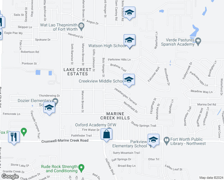 map of restaurants, bars, coffee shops, grocery stores, and more near 5917 Heatherglen Terrace in Fort Worth