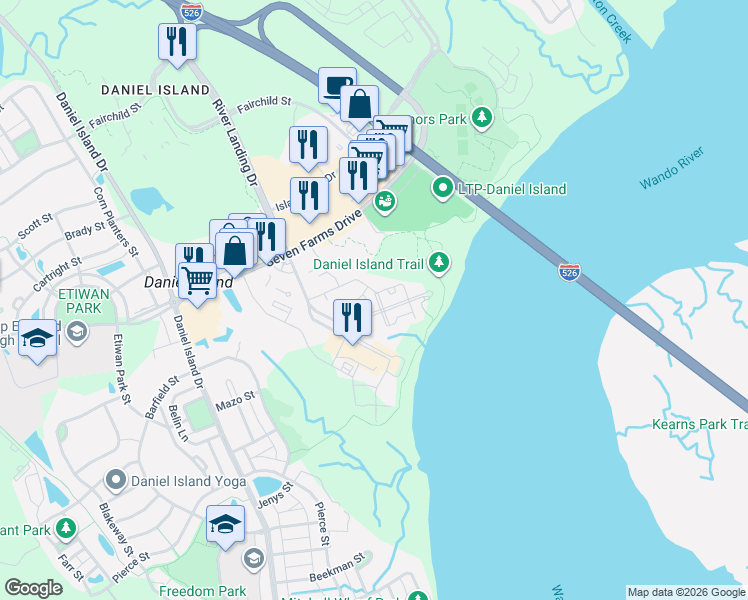 map of restaurants, bars, coffee shops, grocery stores, and more near 130 River Landing Drive in Charleston