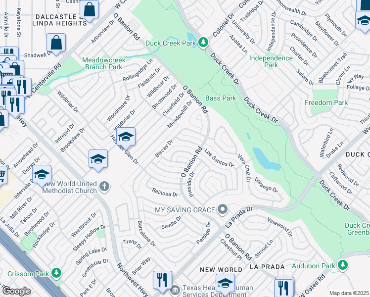 map of restaurants, bars, coffee shops, grocery stores, and more near 413 Los Santos Drive in Garland