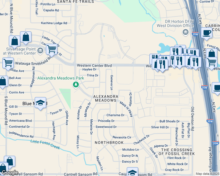 map of restaurants, bars, coffee shops, grocery stores, and more near 6369 Geneva Lane in Fort Worth
