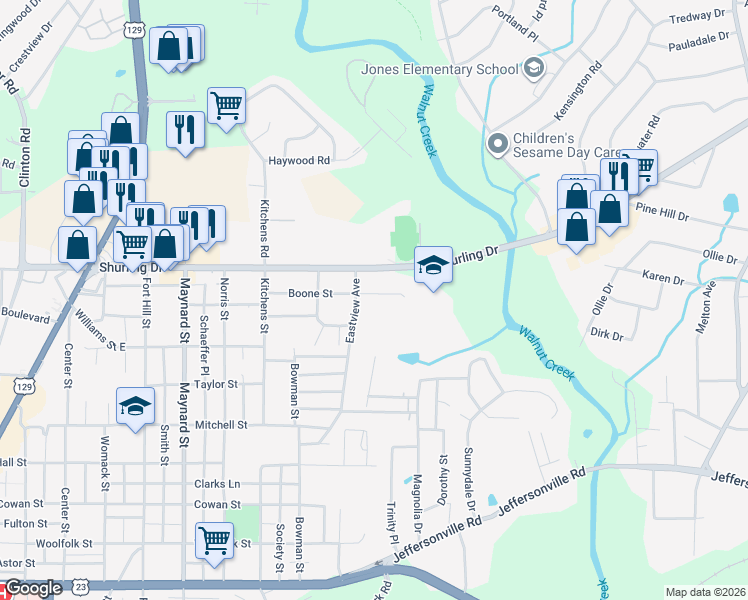 map of restaurants, bars, coffee shops, grocery stores, and more near 1235 Boone Street in Macon