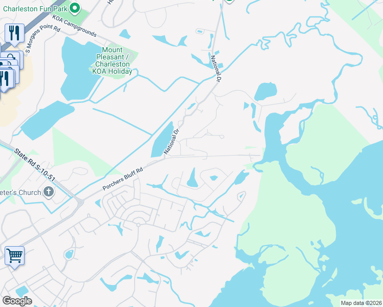 map of restaurants, bars, coffee shops, grocery stores, and more near 1554 Fraserburgh Way in Mount Pleasant