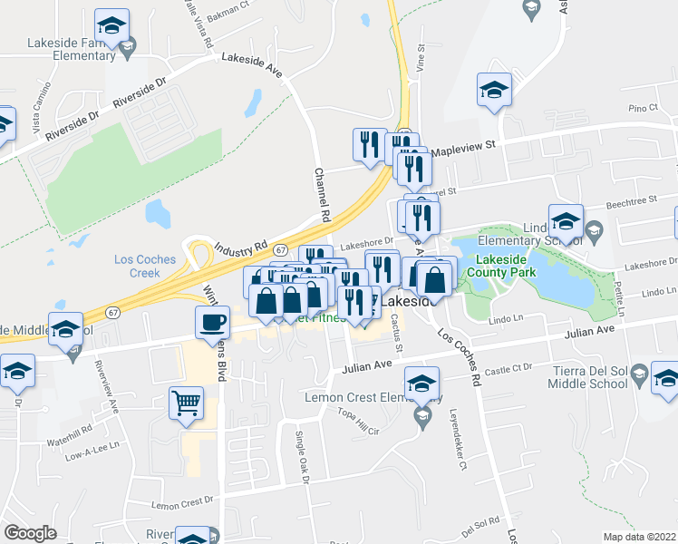 map of restaurants, bars, coffee shops, grocery stores, and more near 9911 Channel Road in Lakeside