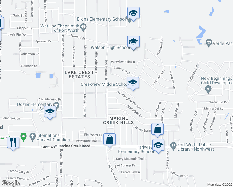 map of restaurants, bars, coffee shops, grocery stores, and more near 5916 Heatherglen Terrace in Fort Worth