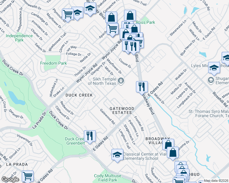 map of restaurants, bars, coffee shops, grocery stores, and more near 424 Gatewood Road in Garland