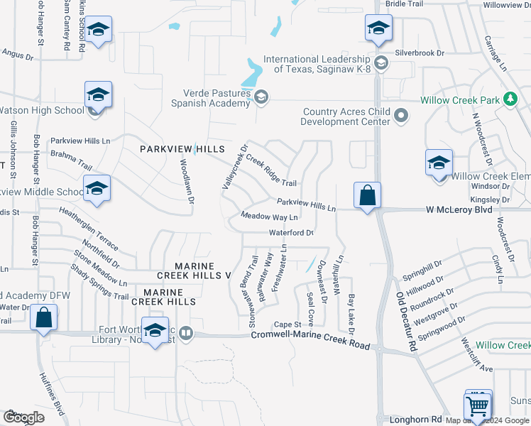 map of restaurants, bars, coffee shops, grocery stores, and more near 6605 Meadow Way Lane in Fort Worth