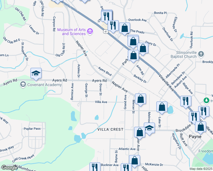 map of restaurants, bars, coffee shops, grocery stores, and more near 4116 Ayers Road in Macon