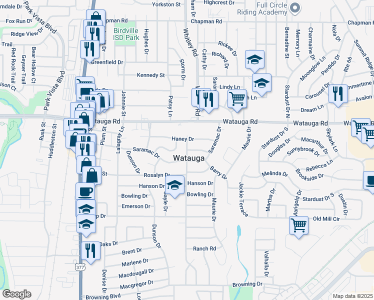 map of restaurants, bars, coffee shops, grocery stores, and more near 5732 Derek Drive in Watauga