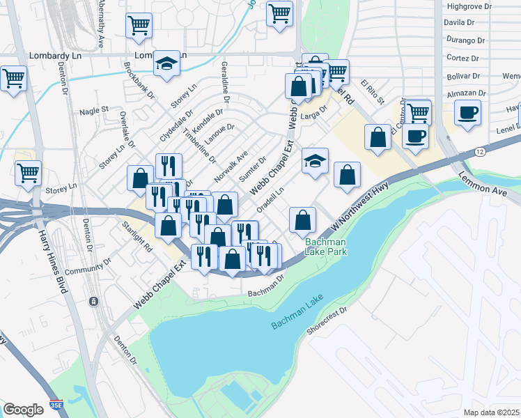 map of restaurants, bars, coffee shops, grocery stores, and more near 3121 Oradell Lane in Dallas