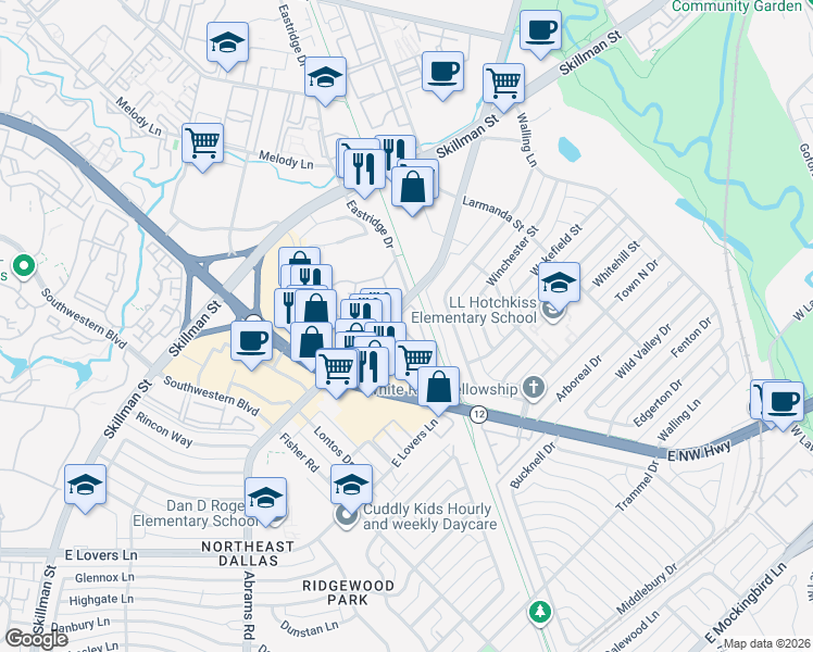 map of restaurants, bars, coffee shops, grocery stores, and more near 6108 Abrams Road in Dallas