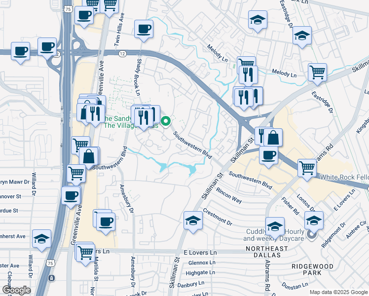map of restaurants, bars, coffee shops, grocery stores, and more near 8610 Southwestern Boulevard in Dallas