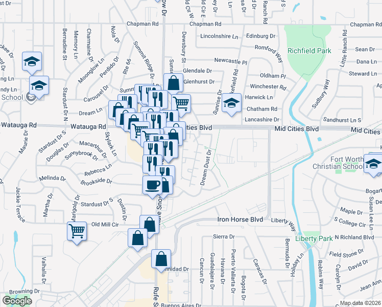 map of restaurants, bars, coffee shops, grocery stores, and more near 2 Sunset Road in North Richland Hills