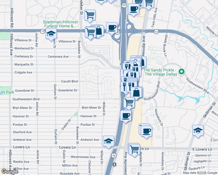 map of restaurants, bars, coffee shops, grocery stores, and more near 7964 Caruth Court in Dallas