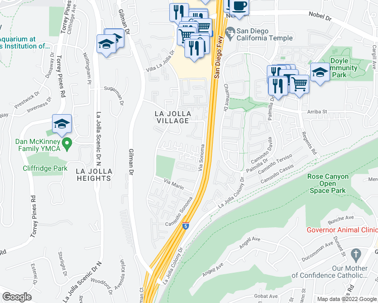 map of restaurants, bars, coffee shops, grocery stores, and more near 3312 Caminito Eastbluff in San Diego