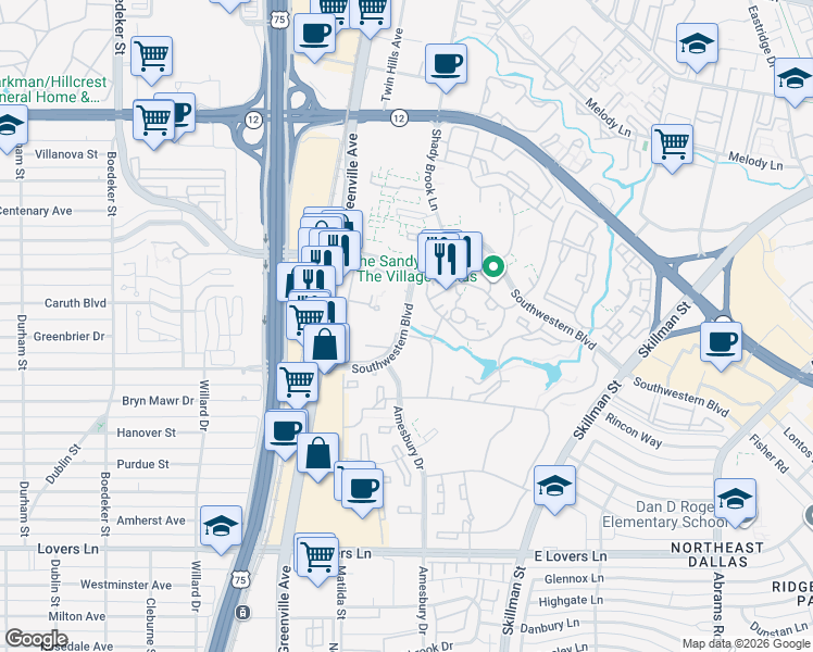 map of restaurants, bars, coffee shops, grocery stores, and more near 8241 Southwestern Boulevard in Dallas