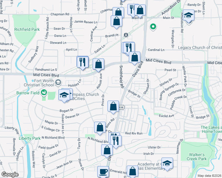 map of restaurants, bars, coffee shops, grocery stores, and more near 7809 Owen Drive in North Richland Hills