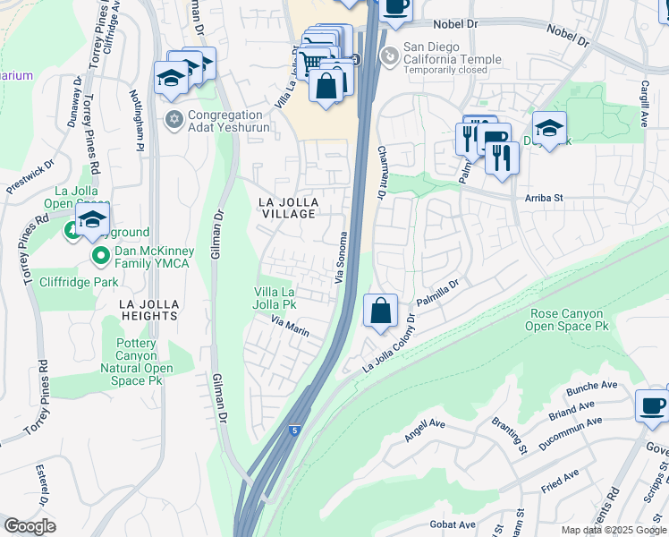 map of restaurants, bars, coffee shops, grocery stores, and more near 8430 Via Sonoma in San Diego