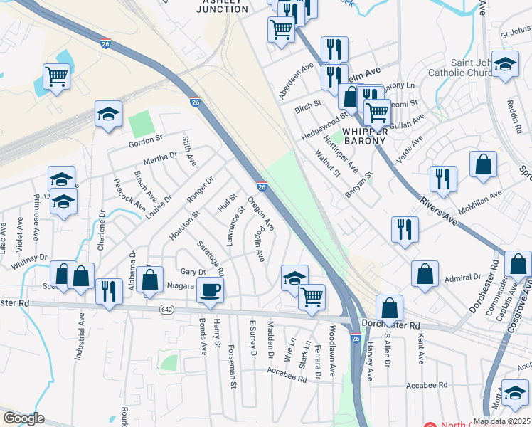 map of restaurants, bars, coffee shops, grocery stores, and more near 2627 Oregon Avenue in North Charleston
